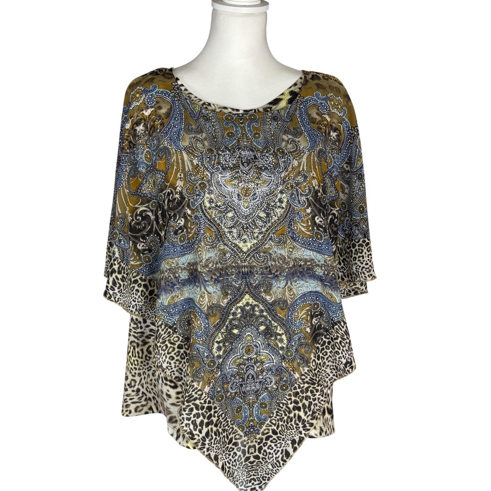 B.L.E.U.‎ Boho Rhinestone Embellished Paisley Leopard Tunic Handkerchief Hem XL